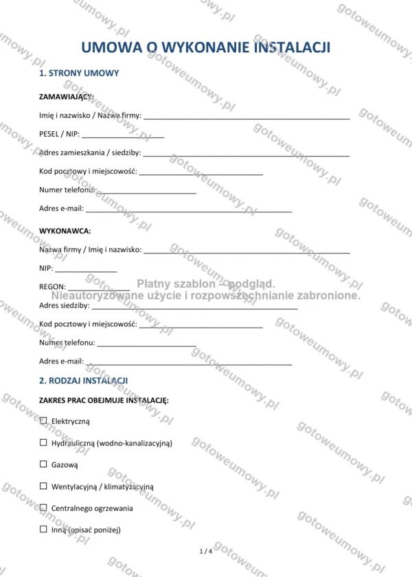 Umowa o wykonanie instalacji — Wzór Word & PDF