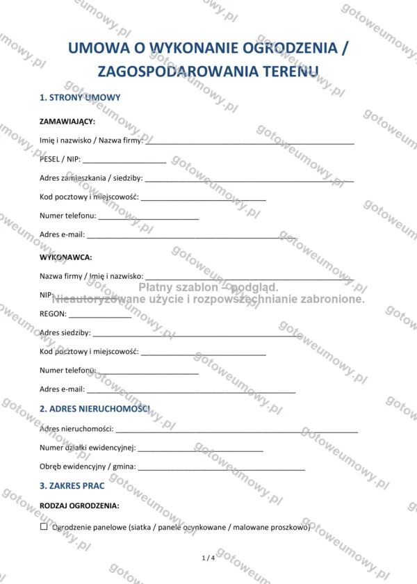 Umowa o wykonanie ogrodzenia i zagospodarowania terenu — Wzór Word & PDF