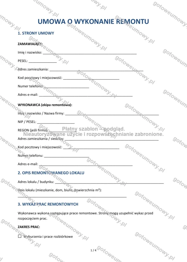 Umowa o wykonanie remontu — Wzór Word & PDF