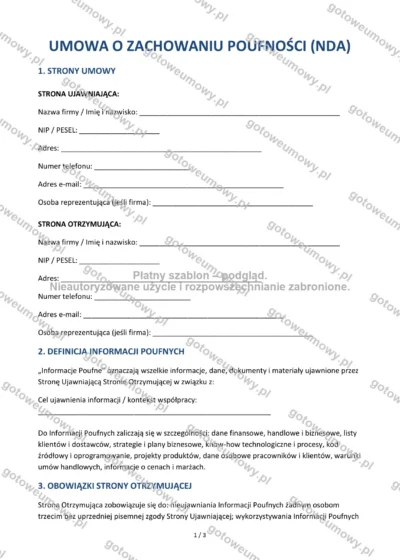 Umowa o zachowaniu poufności (NDA) — wzór do pobrania, podgląd strony 1 z 3
