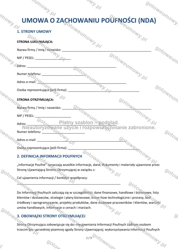 Umowa o zachowaniu poufności (NDA) — Wzór Word & PDF