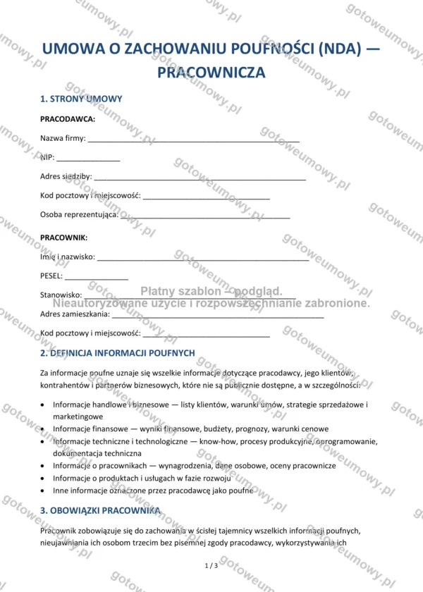 Umowa o zachowaniu poufności z pracownikiem (NDA) — Wzór Word & PDF