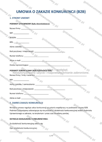 Umowa o zakazie konkurencji (B2B) — wzór do pobrania, podgląd strony 1 z 4