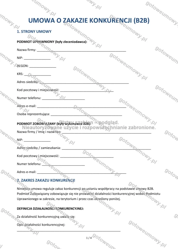 Umowa o zakazie konkurencji (B2B) — Wzór Word & PDF