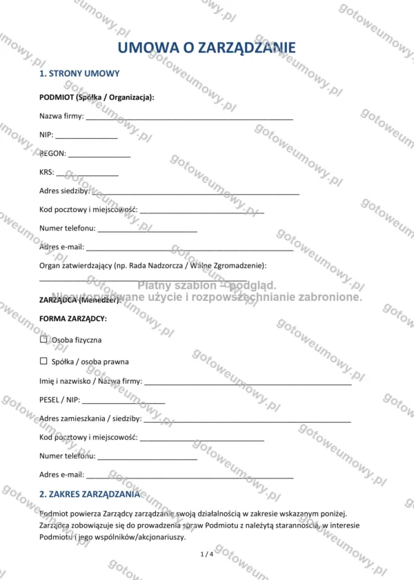 Umowa o zarządzanie — Wzór Word & PDF