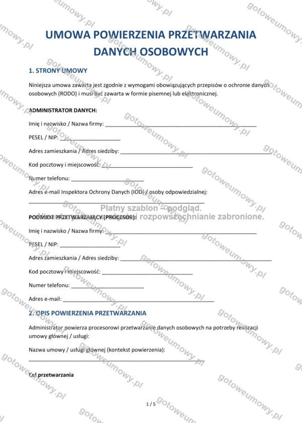 Umowa powierzenia przetwarzania danych osobowych — Wzór Word & PDF