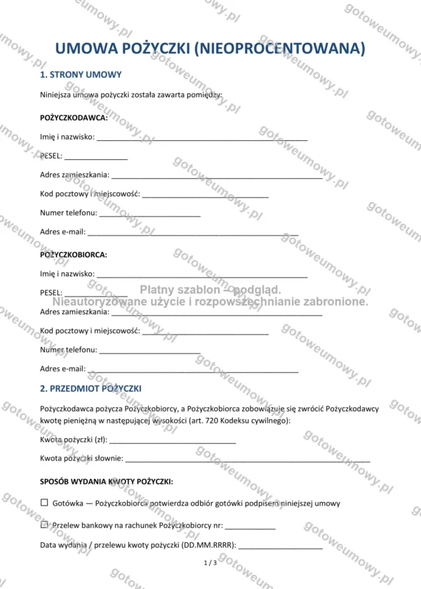 Umowa pożyczki (nieoprocentowana) — Wzór Word & PDF