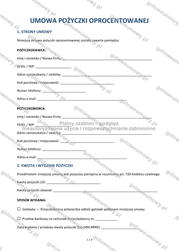 Umowa pożyczki oprocentowanej — Wzór Word & PDF