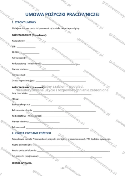 Umowa pożyczki pracowniczej — wzór do pobrania, podgląd strony 1 z 3