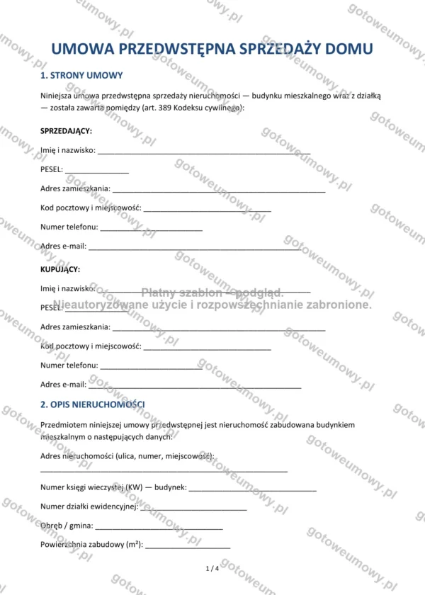 Umowa przedwstępna sprzedaży domu — Wzór Word & PDF