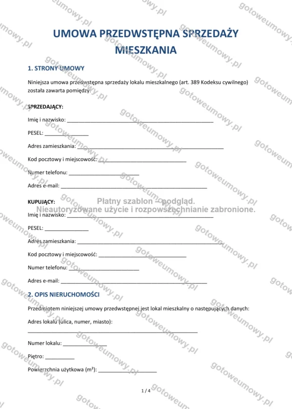 Umowa przedwstępna sprzedaży mieszkania — Wzór Word & PDF