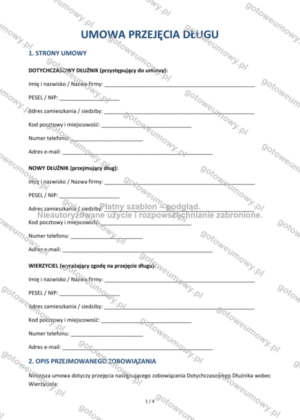 Umowa przejęcia długu — Wzór Word & PDF