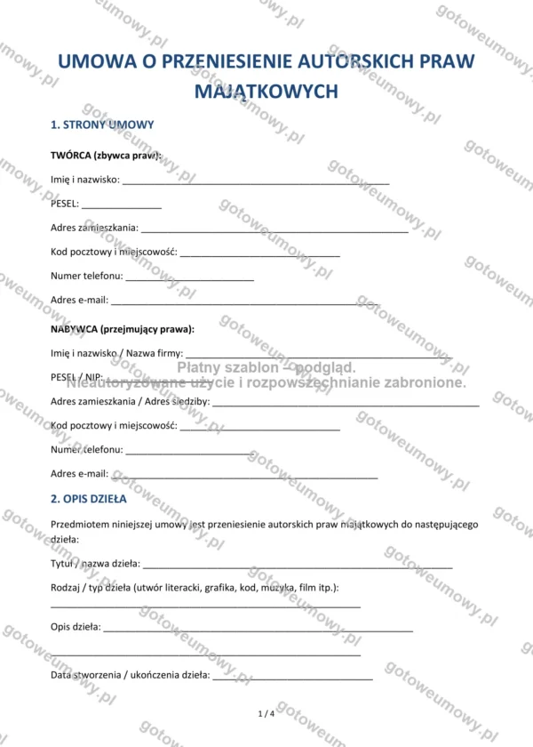 Umowa o przeniesienie autorskich praw majątkowych — Wzór Word & PDF