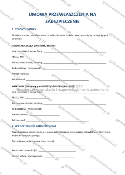 Umowa przewłaszczenia na zabezpieczenie — wzór do pobrania, podgląd strony 1 z 3