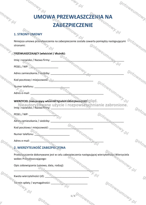 Umowa przewłaszczenia na zabezpieczenie — Wzór Word & PDF