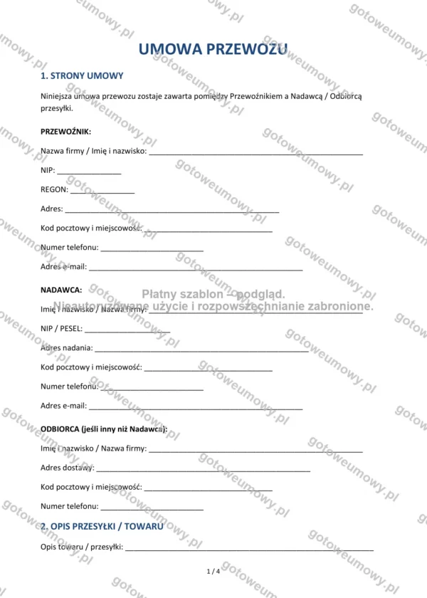 Umowa przewozu — Wzór Word & PDF