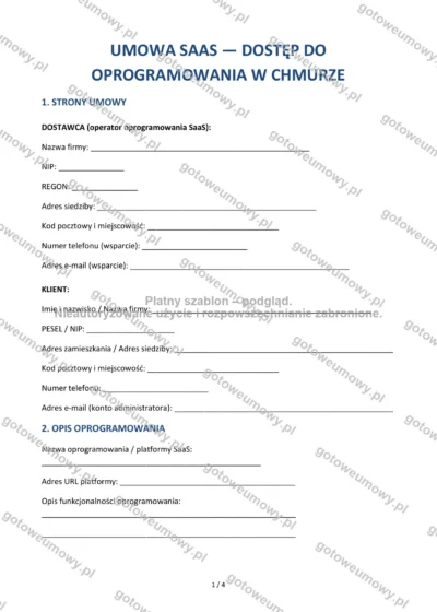 Umowa SaaS — dostęp do oprogramowania w chmurze — wzór do pobrania, podgląd strony 1 z 4