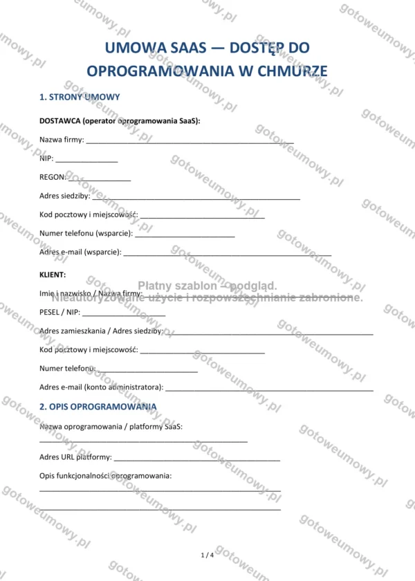 Umowa SaaS — dostęp do oprogramowania w chmurze — Wzór Word & PDF