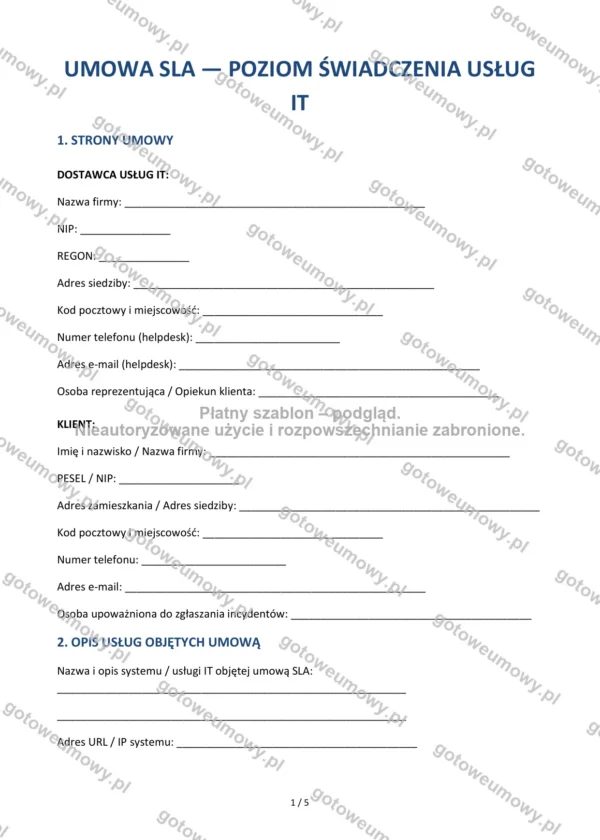Umowa SLA — poziom świadczenia usług IT — Wzór Word & PDF