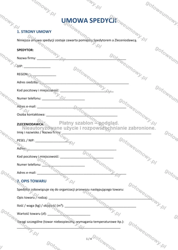 Umowa spedycji — Wzór Word & PDF