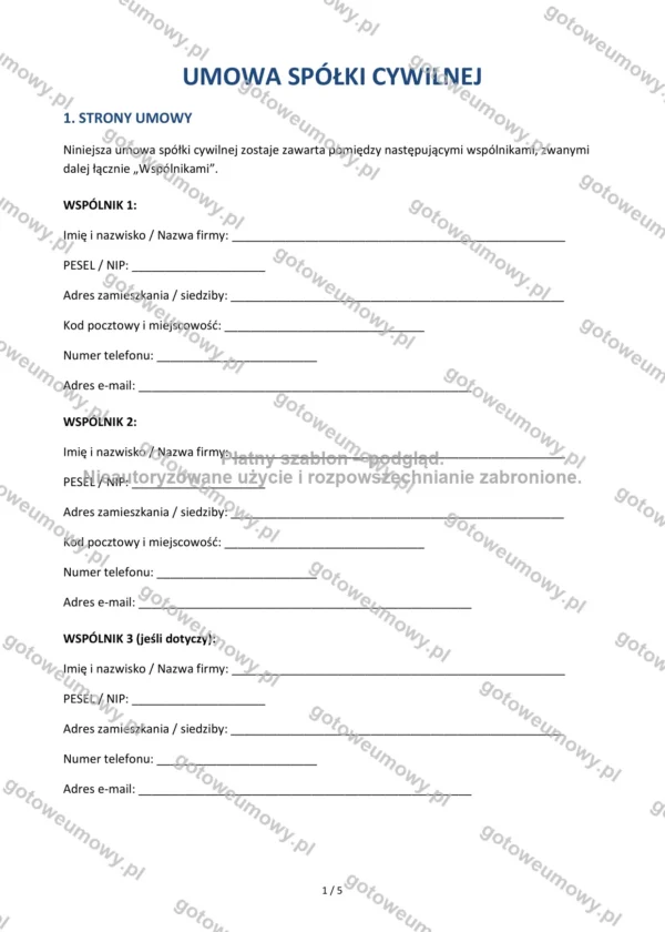 Umowa spółki cywilnej — Wzór Word & PDF
