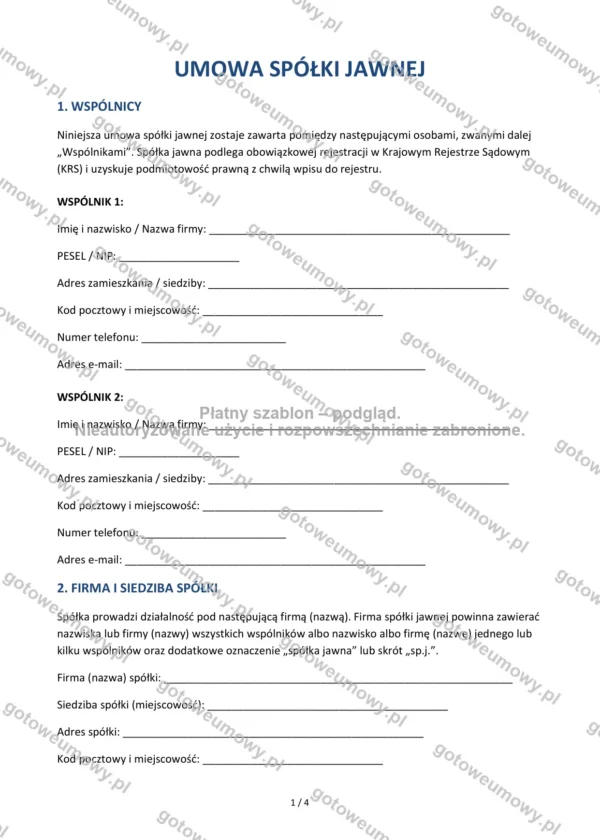 Umowa spółki jawnej — Wzór Word & PDF