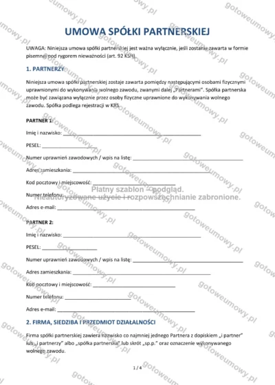 Umowa spółki partnerskiej — wzór do pobrania, podgląd strony 1 z 4