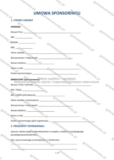 Umowa sponsoringu — wzór do pobrania, podgląd strony 1 z 4