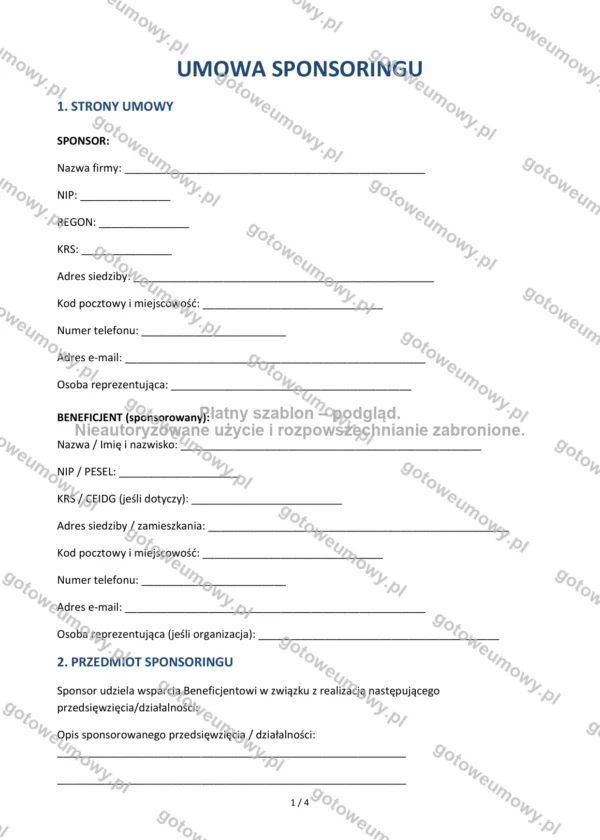 Umowa sponsoringu — Wzór Word & PDF