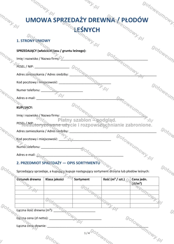 Umowa sprzedaży drewna / płodów leśnych — Wzór Word & PDF