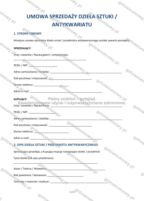Umowa sprzedaży dzieła sztuki / antykwariatu — Wzór Word & PDF