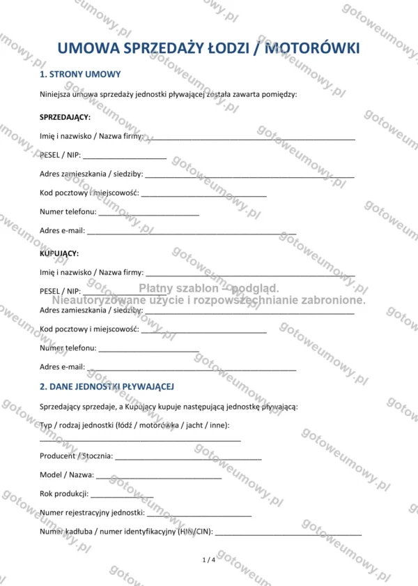 Umowa sprzedaży łodzi / motorówki — Wzór Word & PDF
