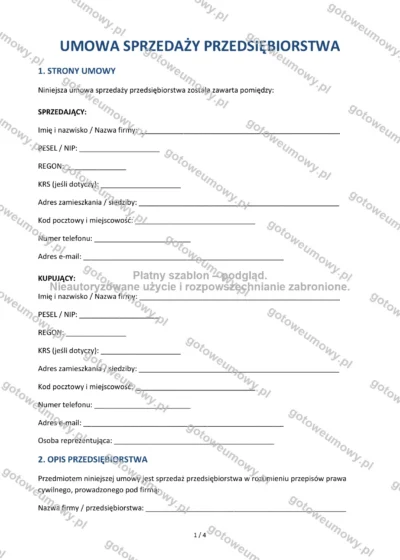 Umowa sprzedaży przedsiębiorstwa — wzór do pobrania, podgląd strony 1 z 4