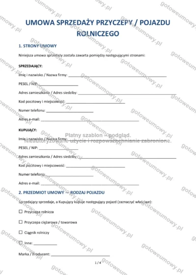 Umowa sprzedaży przyczepy / pojazdu rolniczego — wzór do pobrania, podgląd strony 1 z 4