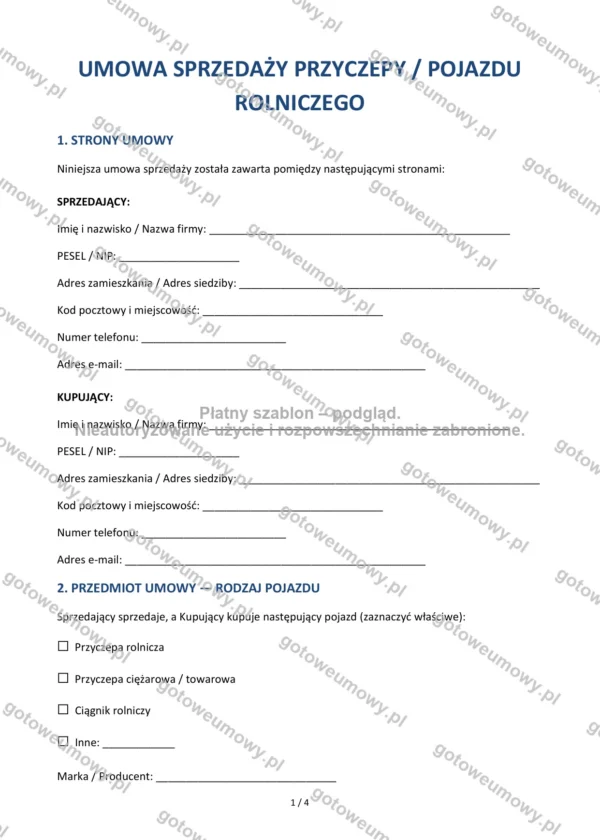 Umowa sprzedaży przyczepy / pojazdu rolniczego — Wzór Word & PDF