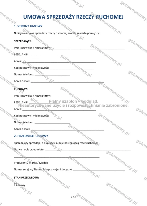 Umowa sprzedaży rzeczy ruchomej — Wzór Word & PDF