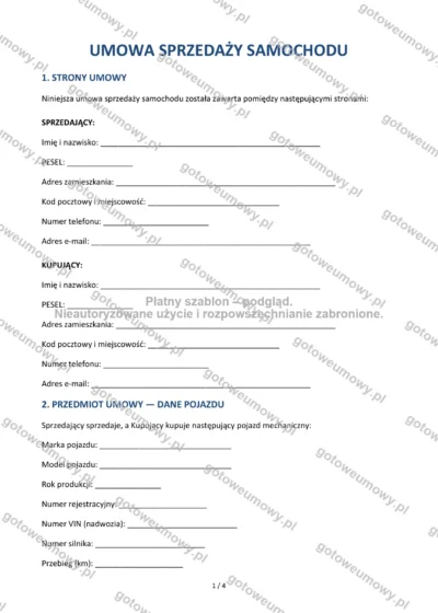 Umowa sprzedaży samochodu — wzór do pobrania, podgląd strony 1 z 4