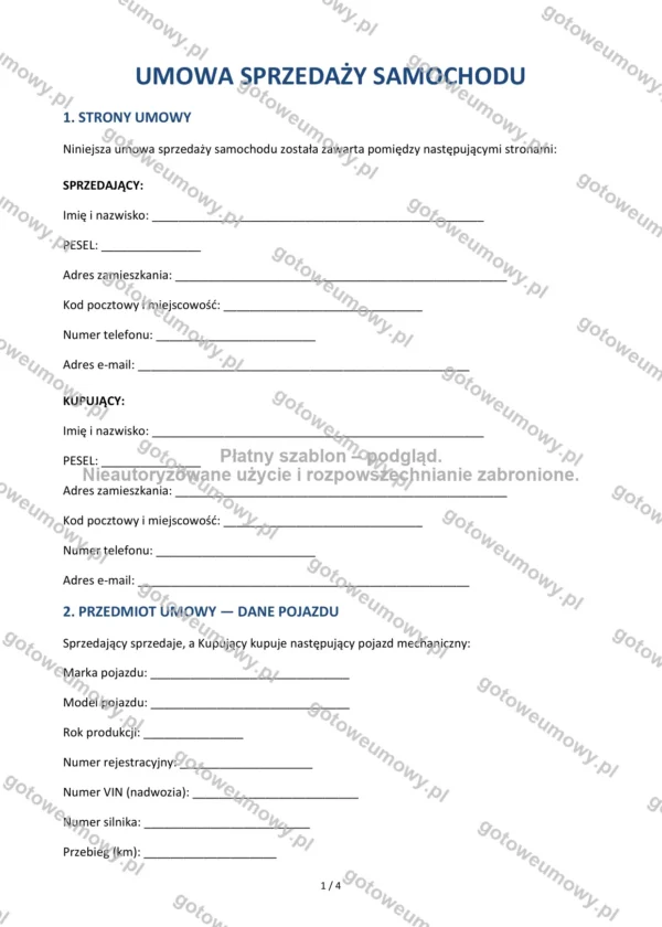 Umowa sprzedaży samochodu — Wzór Word & PDF