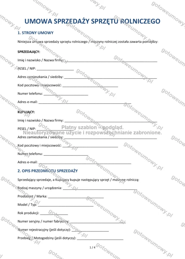 Umowa sprzedaży sprzętu rolniczego — Wzór Word & PDF