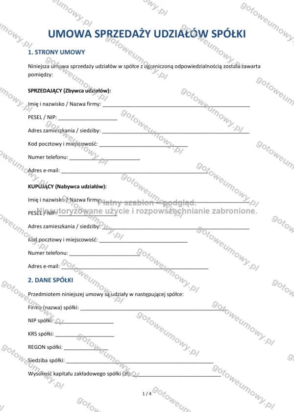 Umowa sprzedaży udziałów spółki — Wzór Word & PDF