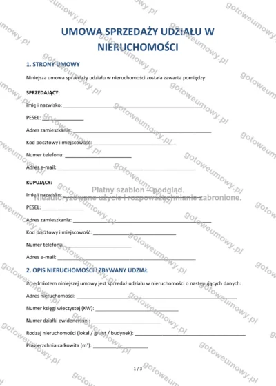 Umowa sprzedaży udziału w nieruchomości — wzór do pobrania, podgląd strony 1 z 3