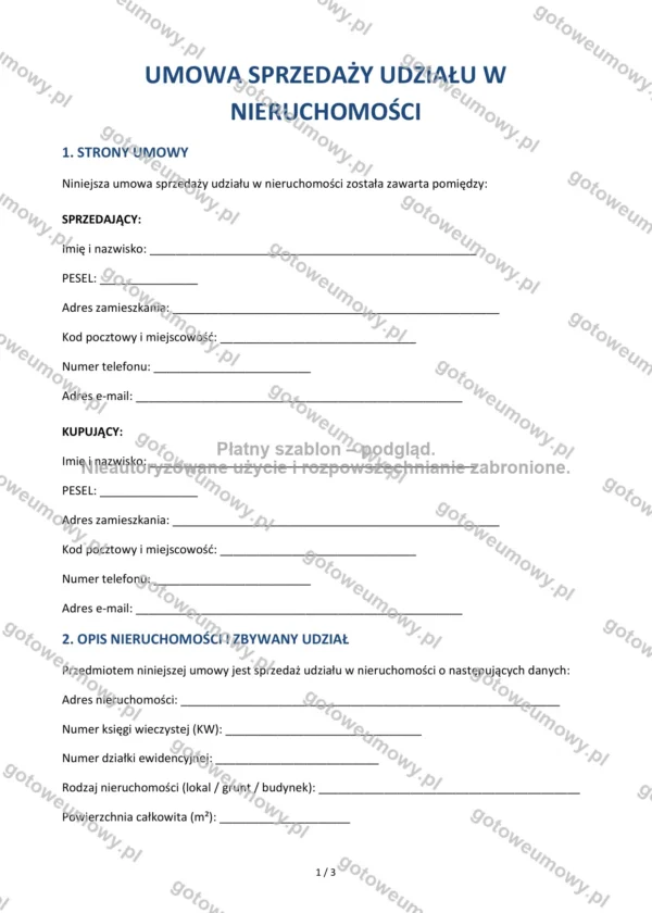 Umowa sprzedaży udziału w nieruchomości — Wzór Word & PDF