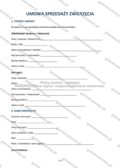 Umowa sprzedaży zwierzęcia — wzór do pobrania, podgląd strony 1 z 4