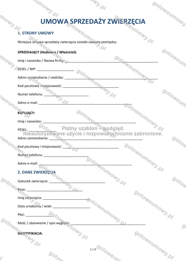 Umowa sprzedaży zwierzęcia — Wzór Word & PDF