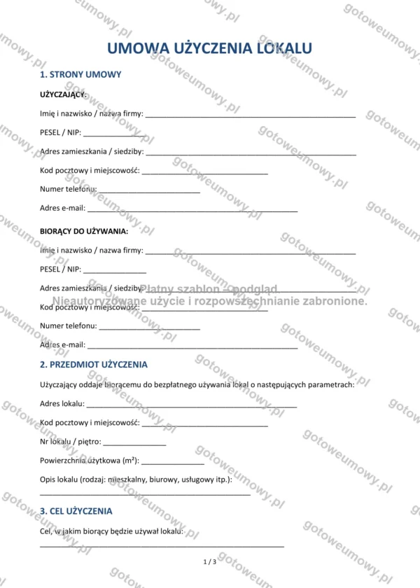 Umowa użyczenia lokalu — Wzór Word & PDF