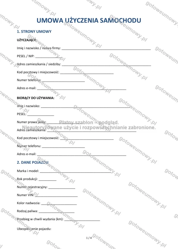Umowa użyczenia samochodu — Wzór Word & PDF