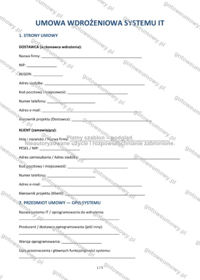 Umowa wdrożeniowa systemu IT — wzór do pobrania, podgląd strony 1 z 5