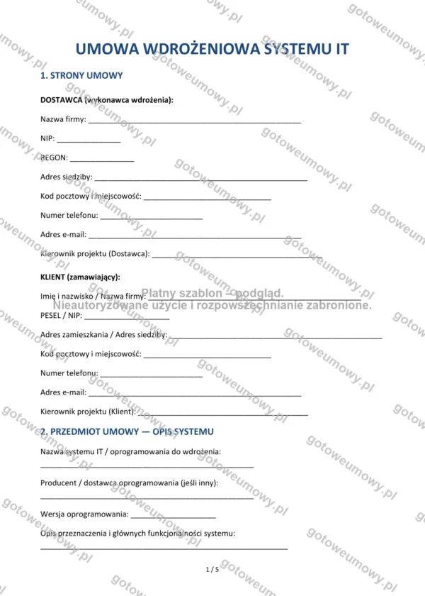 Umowa wdrożeniowa systemu IT — Wzór Word & PDF