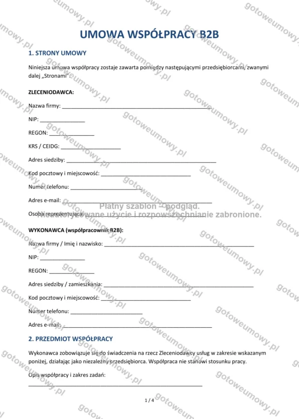 Umowa współpracy B2B — Wzór Word & PDF