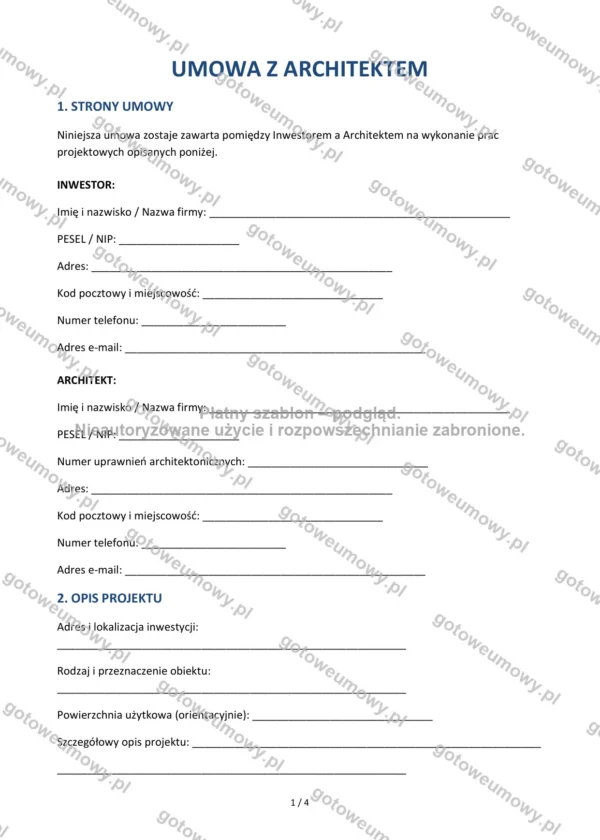 Umowa z architektem — Wzór Word & PDF